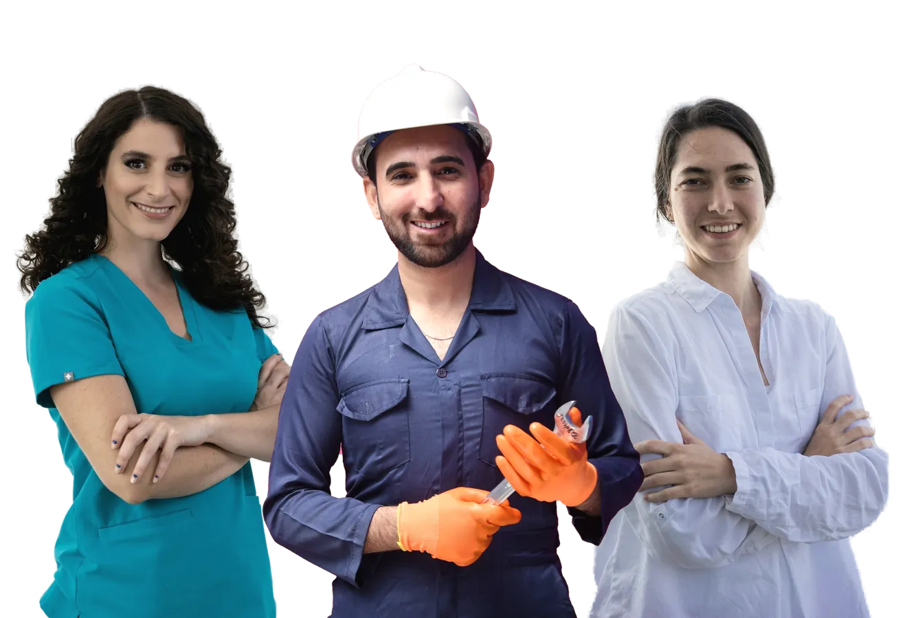 Symbolbild: Pflegekraft, lächelnder Handwerker mit Schutzhelm und Schraubenschlüssel und Büroangestellte stehen nebeneinander